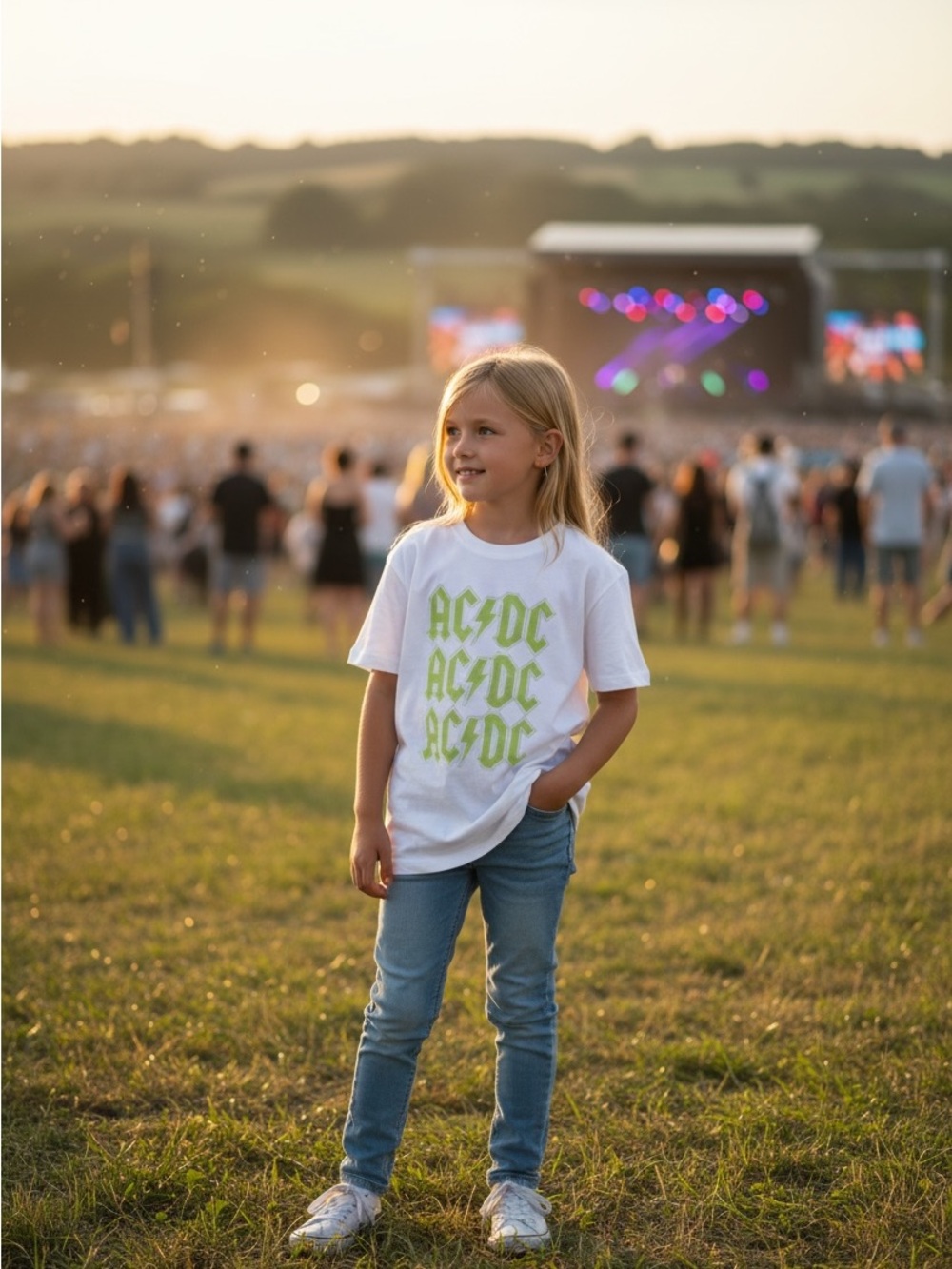 Art Class ACDC Graphic Tee Kids Large 10/12 White Lime Green Rock Band Shirt